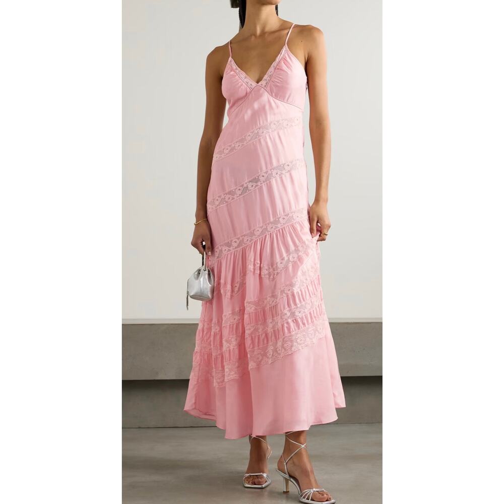 LoveShackFancy Women's Sylvie Slip Dress Pink Silk Lace Ruffle
Maxi
